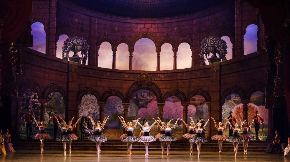 Photo of the full corps de ballet and the prinsipal dancer in formation and in susu with arms up looking at the audience. Ballerinas wear red, purple, and pink tutus.