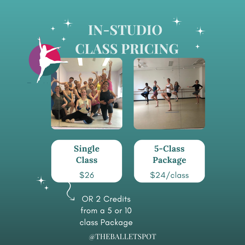 In-Studio Clas Pricing: $26 for a single class or $24 per class for a 5 class package